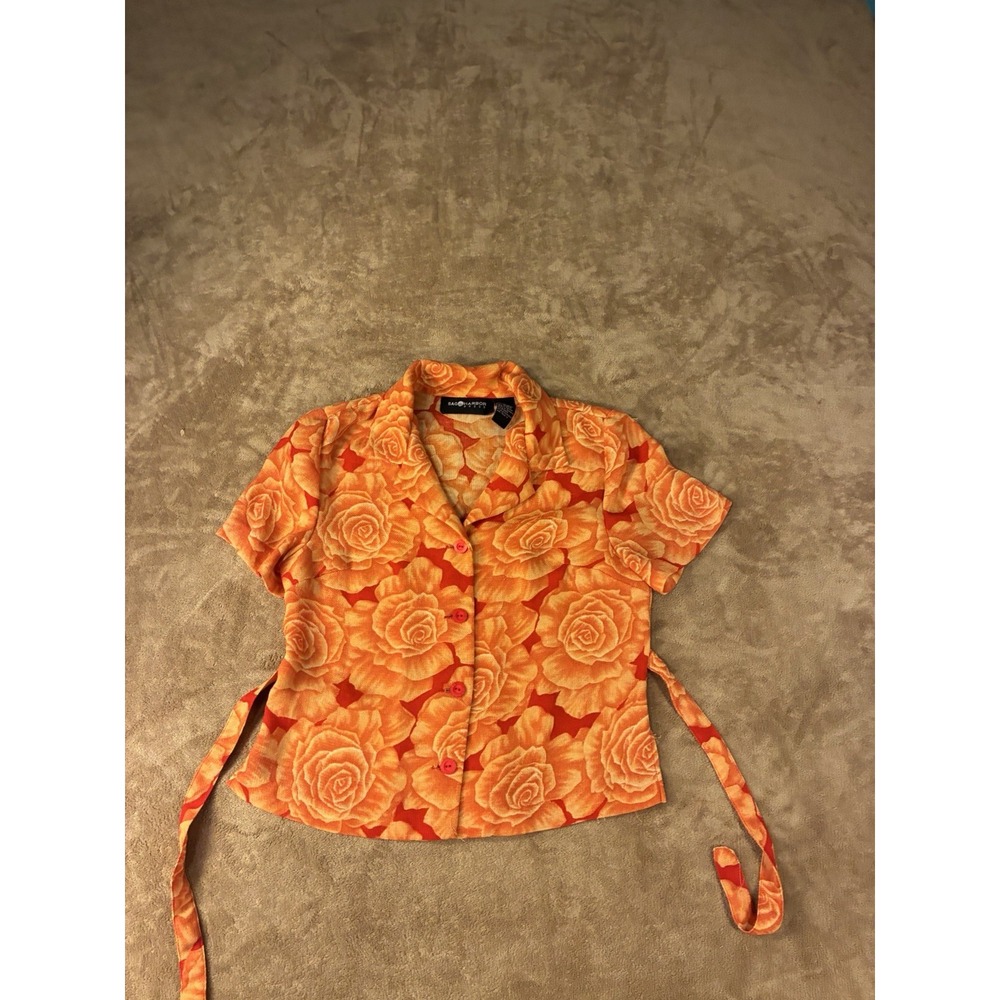 VTG Sag Harbor Orange Red Rose Floral Button-up Tie Waist Blouse 10 Sunset Core